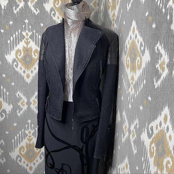 Ralph Lauren Italian Lamb Leather Patch Stretch Denim Moto Jacket - Picture 6 of 16